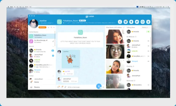 Paltalk for Mac Newly designed for Mac users Join in seconds and start meeting new people Choose from 5,000 live chat rooms and send fun gifts and stickers to other members