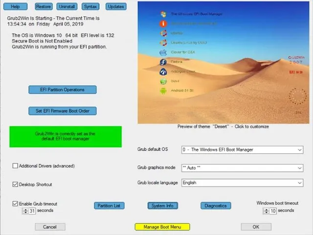 تحميل برنامج الاستخدام المزدوج لأنظمة التشغيل من خلال التحكم في إدارة قائمة الإقلاع Grub2Win للويندوز